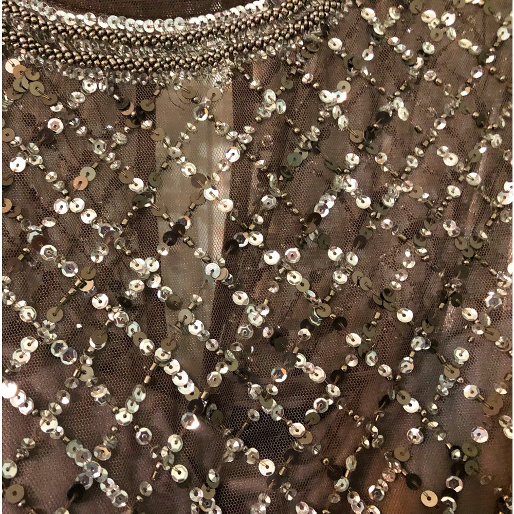Adriana Papel bronze cocktail gown keyhole back fully sequined and structured